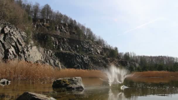 Камінь Воді Кар Високим Сухим Травою Скелями Чеська Республіка — стокове відео