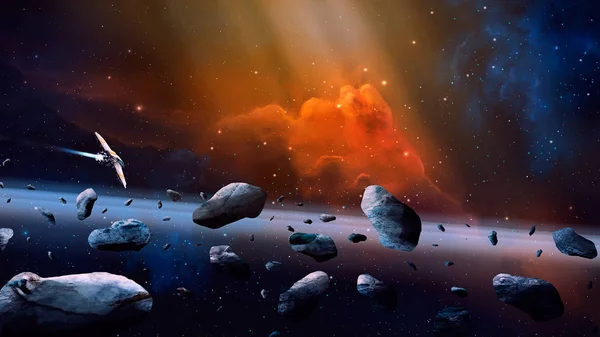 Uzay sahnesi. Uzay gemisi ve asteroitler ile Coloful bulutsusu. Elemen — Stok fotoğraf