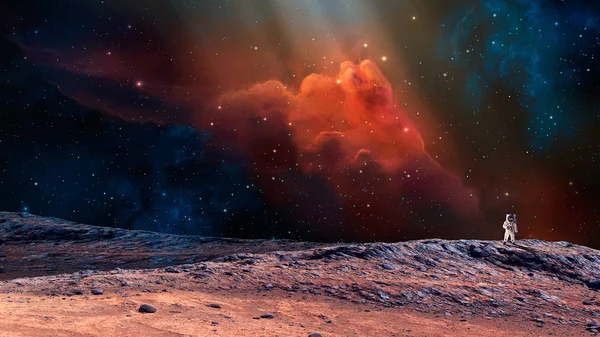 Scena Spaziale Astronauta Sul Pianeta Con Nebulosa Colorata Elementi Forniti — Foto Stock