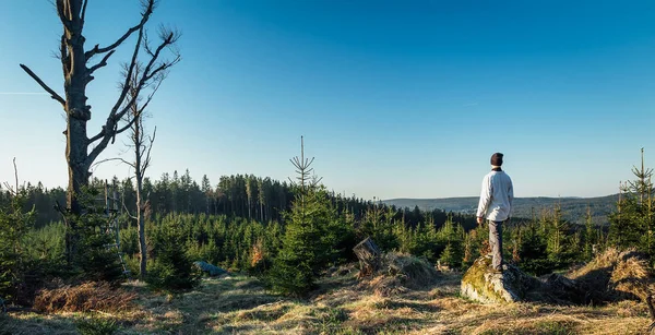 Joven Excursionista Con Gorra Negra Nuevo Piedra Con Bosque Novohradske —  Fotos de Stock