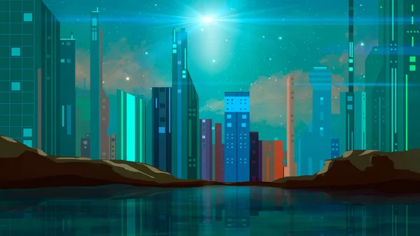 Colorato sci-fi moderno futuro città illustrazione con roccia, stelle — Foto Stock