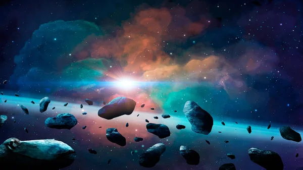 空间场景。五颜六色的星云与小行星。布置的元素 — 图库照片