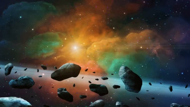 Космічна Сцена Літаючими Астероїдами — стокове відео