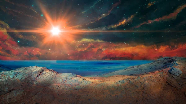 Sci-fi пейзаж с туманностями, звездами, пейзажем и солнцем. Элементы — стоковое фото