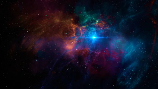 Vesmírnou scénu. Barevná fraktální mlhovina s hvězdami a modrým světlem. — Stock fotografie