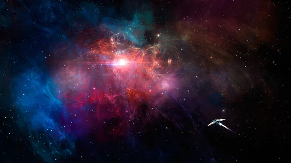 Scena kosmiczna. Statek kosmiczny latać w barwnej mgławicy fraktalnej. Elementy — Zdjęcie stockowe