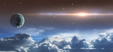 Uzay sahnesi. Bulutlar, gezegen ve mercek parlamaile yıldız gökyüzü. Elemen