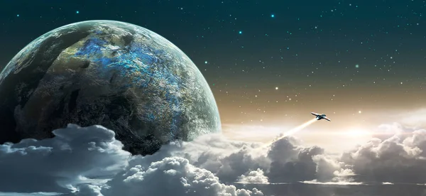 Escena espacial. Cielo estrellado con nubes, planeta y nave espacial. Elemento — Foto de Stock