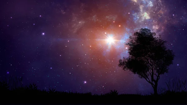 Escena espacial. Nebulosa violeta con silueta de tierra y árbol. Elemen. —  Fotos de Stock