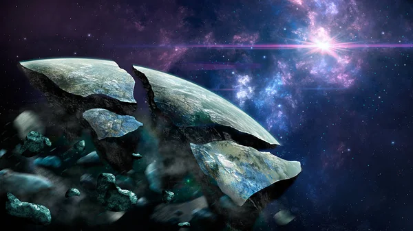 宇宙シーン。破壊された惑星とカラフルな星雲。要素ファー — ストック写真