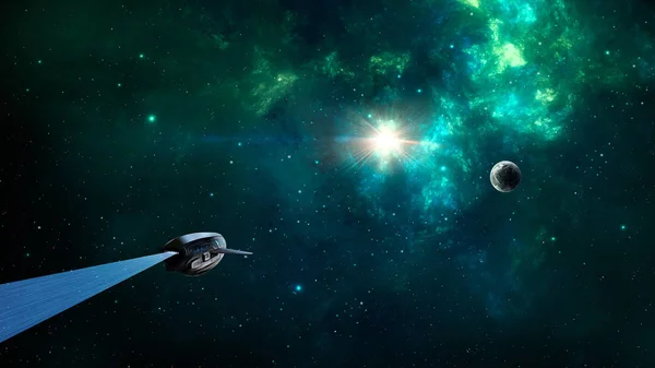 Rymd scenen. Blå och grön nebulosa med planet och rymdskepp. El — Stockfoto