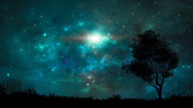 Uzay sahnesi. Kara ve ağaç silueti ile mavi bulutsu. Öğe
