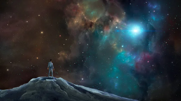 Uzay sahnesi. Adam renkli bulutsu ve yıldız ile kaya üzerinde durmak. Nasa tarafından döşenmiş unsurlar. 3d render