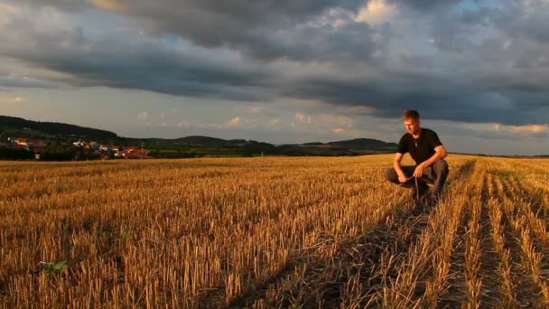 Молодий чоловік стоїть на скошеному полі з драматичним небом на заході сонця, C — стокове відео