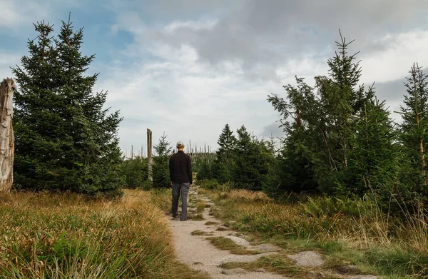 Young man tourist in white cap standing in landscape with trees, — Stock Image Young man tourist in white cap standing in landscape with trees, Royalty Free Stock Photos