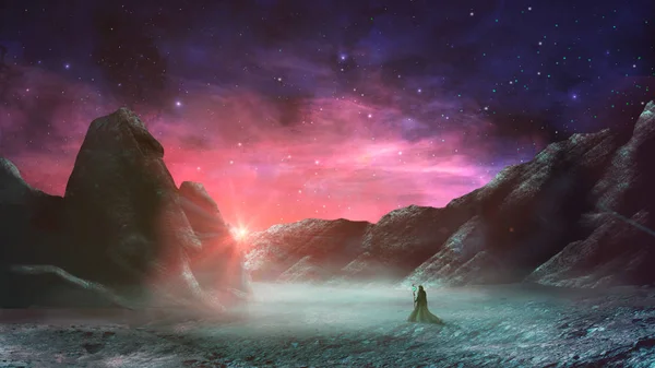Чарівник, що стоїть в науково-фантастичному магічному ландшафті з рок-долиною, с — стокове фото