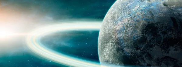 Panoramic space scene. Planet with ring and nebula.. Elements fu — Stock Photo, Image