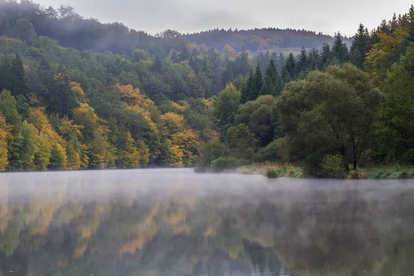 Detail kabut berkabut di sungai Vltava dengan dedaunan musim gugur — Stok Foto
