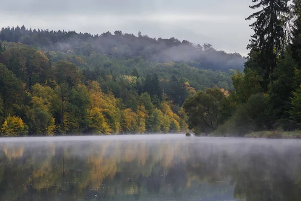 Mooie nevelige mist op de Vltava rivier met herfstblad — Stockfoto