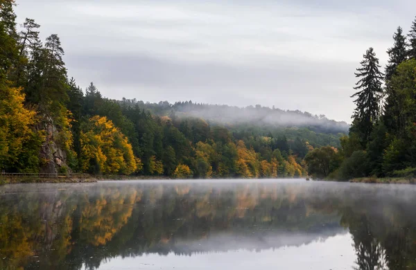 Verbazingwekkende mist op de Vltava rivier met herfstblad — Stockfoto