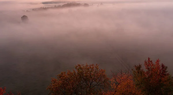 Luftaufnahme zum herbstlichen Nebel, Bäumen und Wegen, tschechische Landschaft — Stockfoto