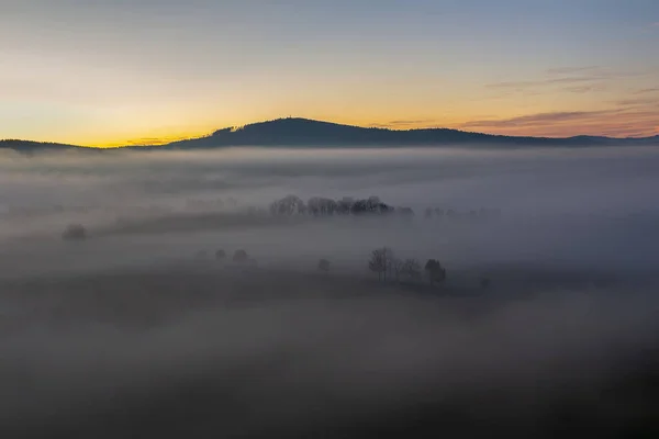 Luftaufnahme der herbstlichen Laubbaumsilhouette im Nebel und — Stockfoto