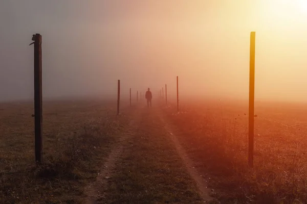 Silhouette young man walk on path with wooden stick in misty fog — Stock Photo, Image