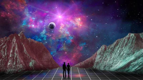 Uzay arkaplanı. Birkaç siluet kare katta kaya, renkli nebula ve gezegenle yürüyor. NASA tarafından döşenmiş elementler. 3B görüntüleme