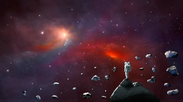 Space background. Astronaut standing on rock with asteroid belt and colorful nebula. Elements furnished by NASA. 3D rendering