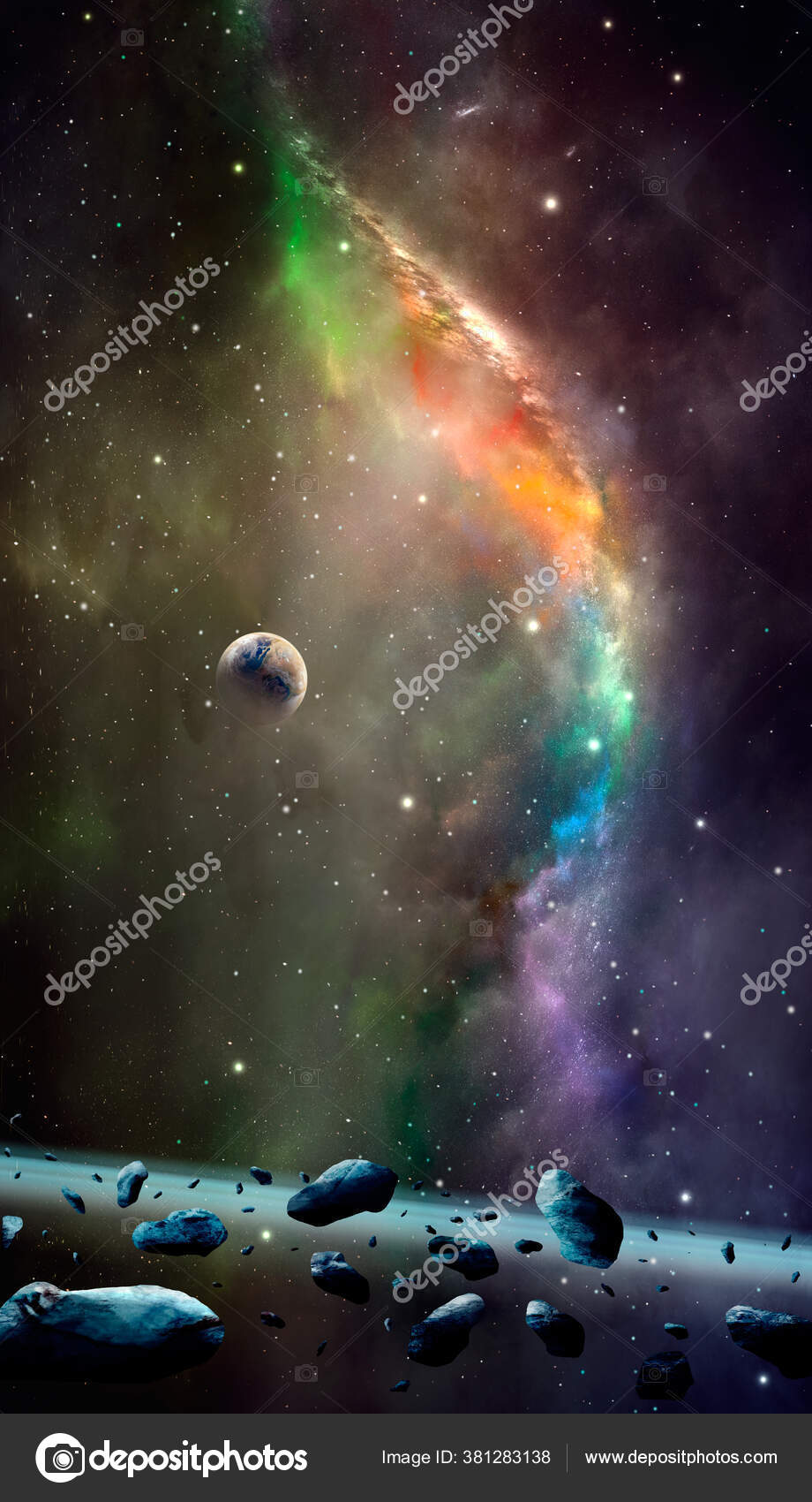 Space Background Earth Planet Colorful Nebula Asteroid Belt Elements  Furnished Stock Illustration by ©Spacecreator #381283138