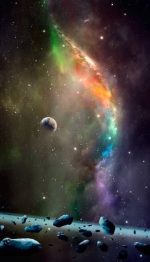 Uzay arkaplanı. Asteroit kuşağı olan renkli nebuladaki Dünya gezegeni. NASA tarafından döşenmiş elementler. 3B görüntüleme