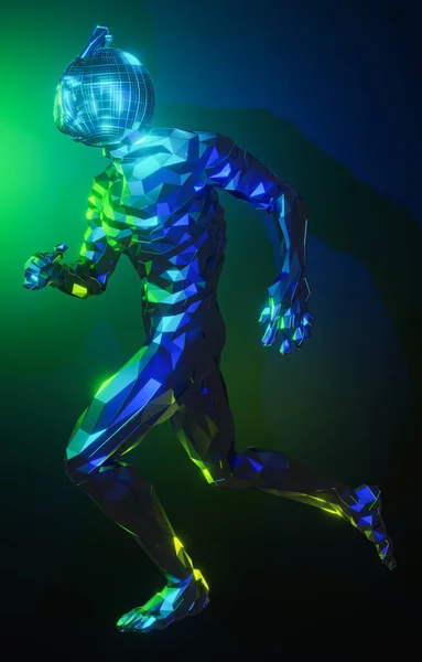 Robô Metal Poligonal Baixo Rodando Fundo Azul Verde Tecnologia Futuro — Fotografia de Stock