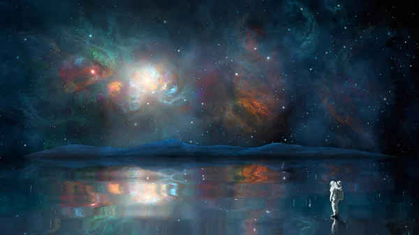 Kosmiczne Tło Astronauta Stoi Powierzchni Odbicia Odległą Górą Kolorową Mgławicą — Zdjęcie stockowe