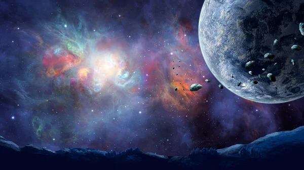Uzay arkaplanı. Asteroit ve dağ silueti renkli nebulada olan gezegen. NASA tarafından döşenmiş elementler. 3B görüntüleme