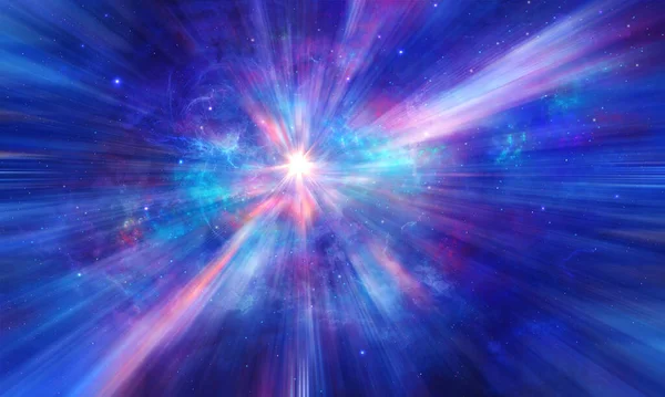 Fundo Espacial Estrela Explosiva Sol Nebulosa Azul Colorida Com Raios — Fotografia de Stock