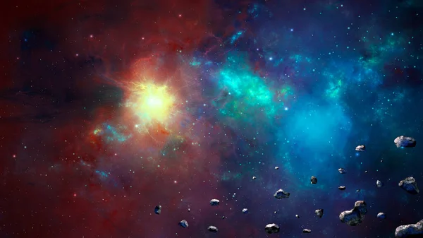 Rymdbakgrund Asteroid Flyga Färgglada Nebulosa Med Stjärnfält Inslag Som Tillhandahålls — Stockfoto
