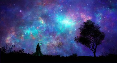 Uzay sahnesi. Ağaç ve fraktal renkli nebula ile manzara siluetinde duran sihirbaz. Dijital resim. NASA tarafından döşenmiş elementler. 3B görüntüleme