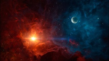 Uzay arkaplanı. Gezegen ile renkli nebula. NASA tarafından döşenmiş elementler. 3B görüntüleme