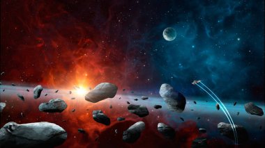 Uzay arkaplanı. Uzay gemisi asteroitten gezegene renkli nebula ve yıldızlarla uçuyor. NASA tarafından döşenmiş elementler. 3B görüntüleme