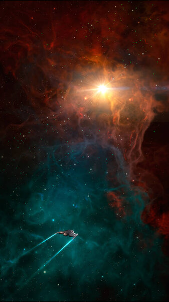 Space vertical background. Spaceship fly in colorful nebula. Elements furnished by NASA. 3D rendering