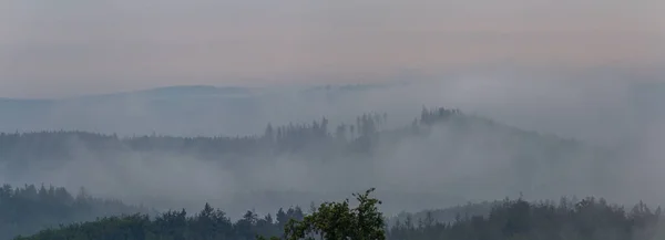 Panoramic View Forest Silhouette Misty Fog Czech Landscape — Stock Photo, Image