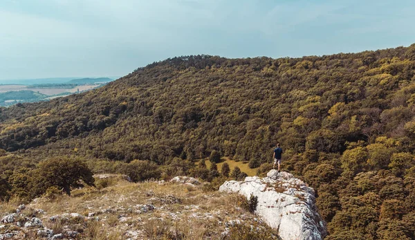 年轻人从后面站在岩石上 望着山谷 Palava Czech Republic Toned Photo — 图库照片