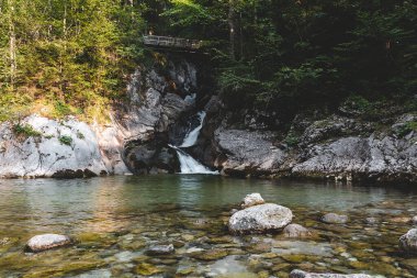Rindbach şelalesi, ahşap köprü, orman ve küçük göl. Avusturya dağları aştı 