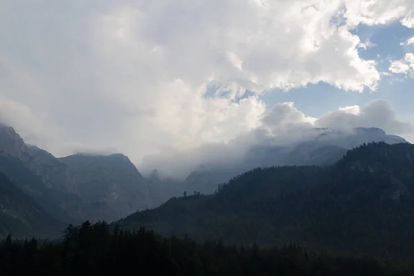 Misty Fog Rain Austia Alps Mountain Silhouette Blue Sky — Stock Photo, Image