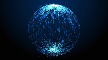 Siyah zemin üzerinde mavi parçacık topu. Soyut 3B illüstrasyon