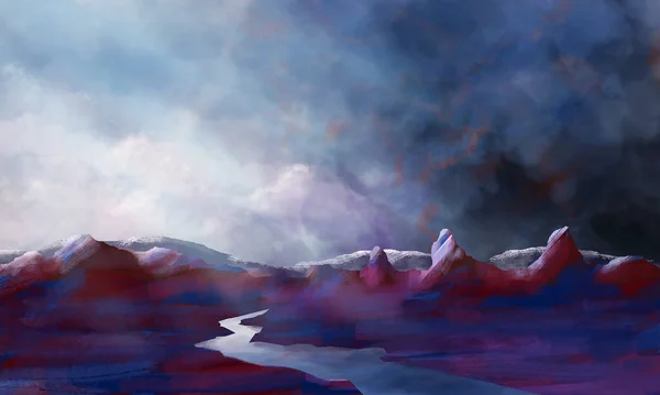 现代山水图为紫罗兰色 天空和阳光引人注目 手绘数码绘画 — 图库照片