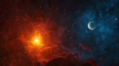 Uzay arkaplanı. Gezegen ile renkli nebulada uçun. NASA tarafından döşenmiş elementler. 3B görüntüleme