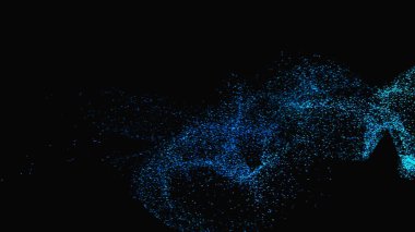 Soyut mavi renkli parçacık dalga arkaplanı. Siyah arka planda küçük yuvarlak bir nokta. Uzayı kopyala, 3B görüntüleme