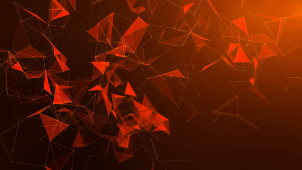 Orange abstract technology modern background with spotted particles and plexus connected triangle lines. 3D rendering.