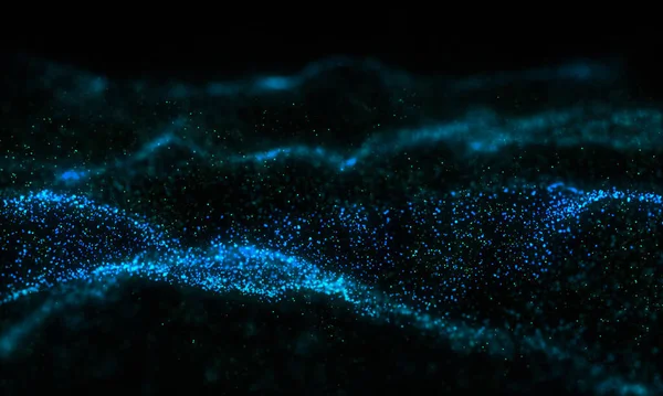 Soyut mavi renkli parçacık dalga arkaplanı. Siyah arka planda küçük yuvarlak bir nokta. Uzayı kopyala, 3B renderin